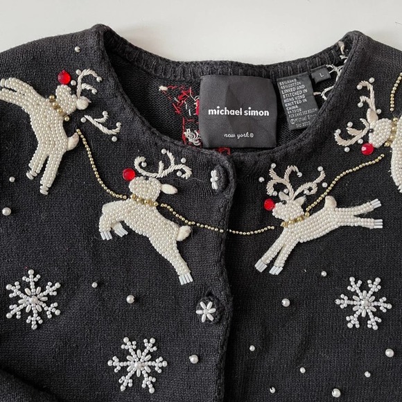 Michael Simon Cardigan Christmas Sweater Art Santa Claus Beaded Reindeer Large - Picture 7 of 16
